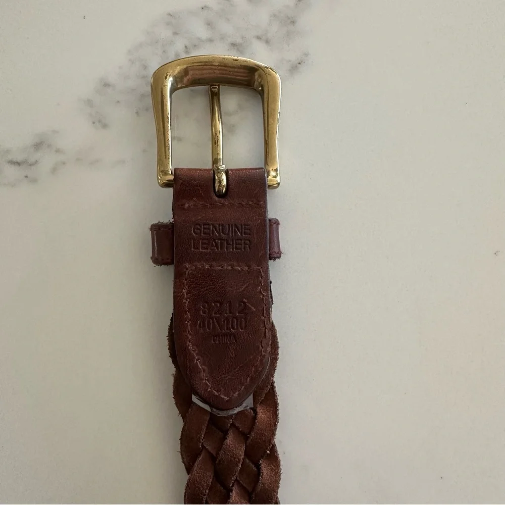 Vintage Braided Leather Belt with Rounded Square Brass Tone Buckle Dark Brown XL